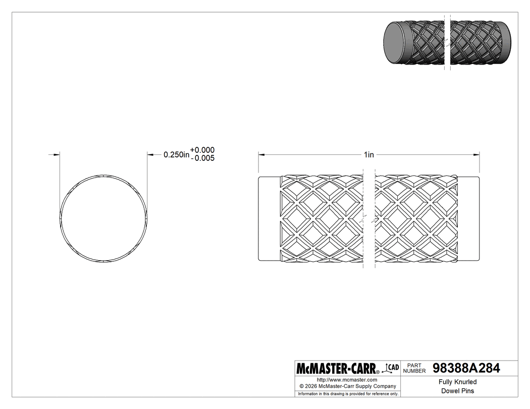 Technical Drawing of Fully Knurled Dowel Pins, 1/4" Diameter, 1" Long.